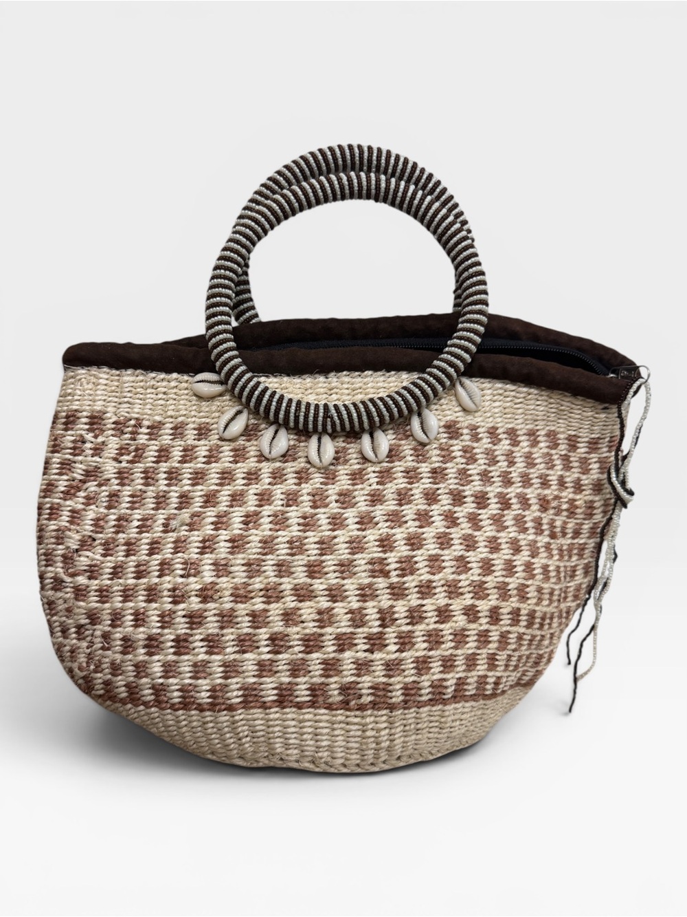 Handwoven Sisal Top Handle Bag, Beaded Handles, Cowrie Shell Boho Market Purse